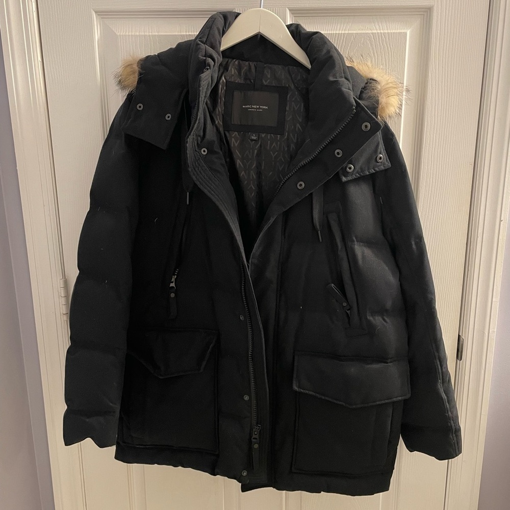Marc New York Men’s Dobeln Hooded Parka Genuine Coyote Fur Trim Large Black EUC